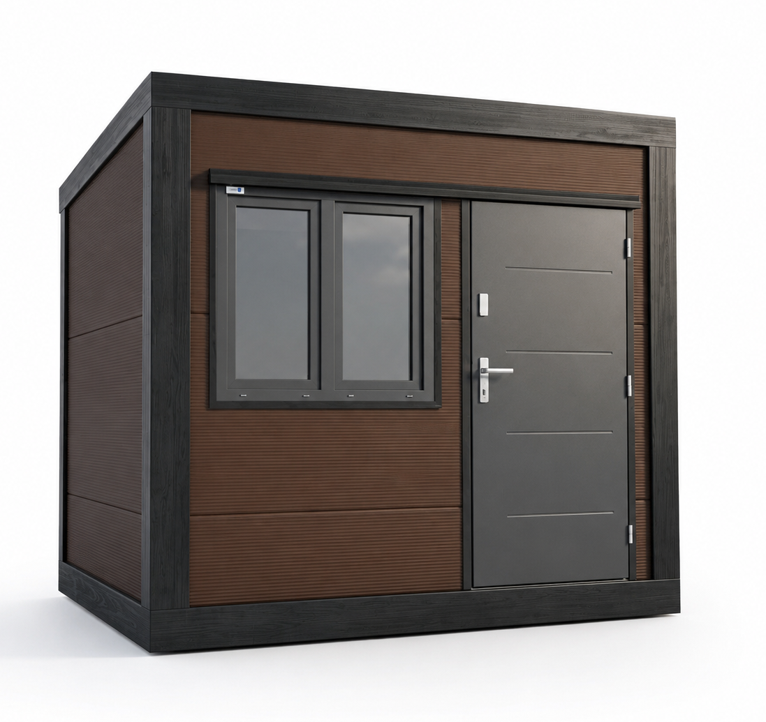 Pawilon handlowo-biurowy 3×2,50 m z płyty warstwowej 120 mm – orzech