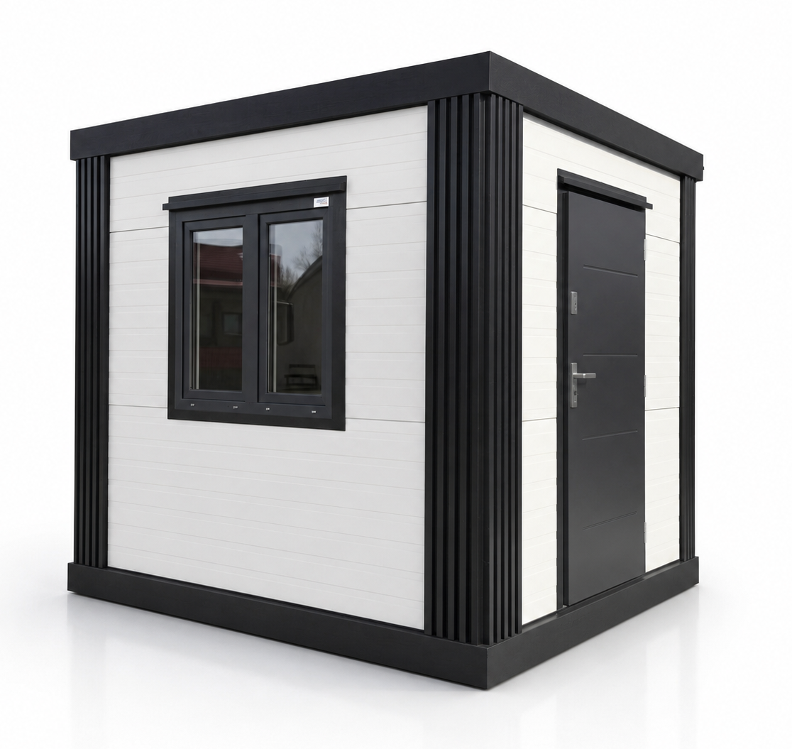 Pawilon handlowy 3×2,5 m – nowoczesny pawilon z lamelami z płyty warstwowej 120 mm