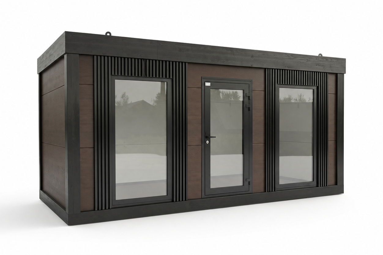 Pawilon handlowo-biurowy 6×3 m z płyty warstwowej 120 mm – orzech